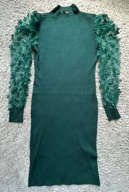 Almost Famous Women's Green Ribbed Neck Dress w/ Floral Applique Sleeves Size XL